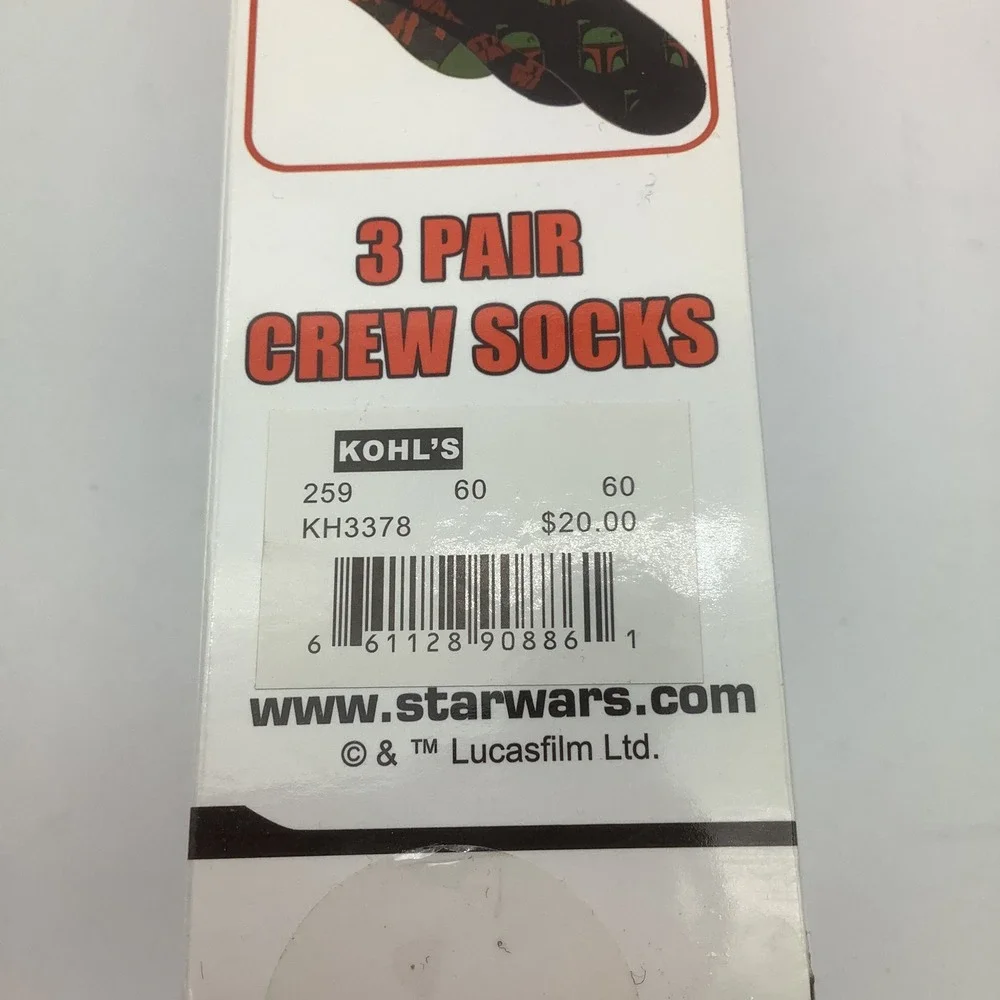 Star Wars Boba Fett 3 Pair Crew Socks Disney Shoe Size‎ 6-12 New